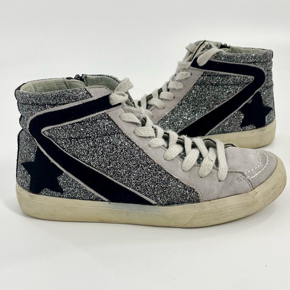 Shu Shop Roxanne Black Silver shiny Mid High Top Sneaker Tennis Shoe Women's 7 - Picture 1 of 10